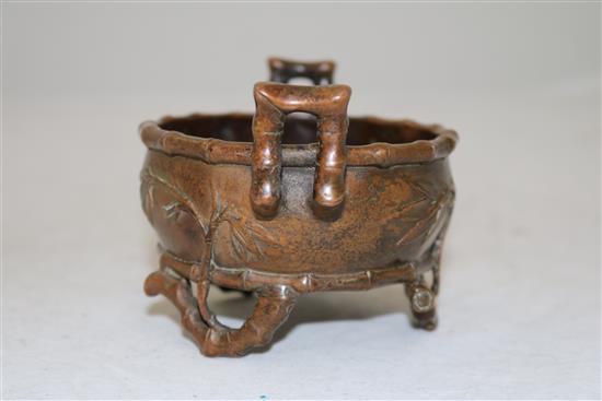 A Chinese bronze bamboo-form censer, width 22.5cm